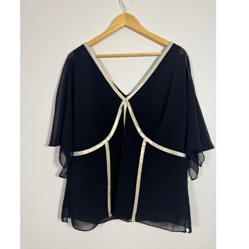 Art Deco Adrianna Papell Woman 16W Blouse Black V-Neck Satin Trim Flutter Sleeve
